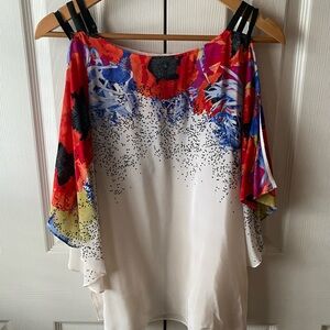 Leifsdottir Anthropologie White/Red 100% Silk Cold Shoulder Blouse SZ 4